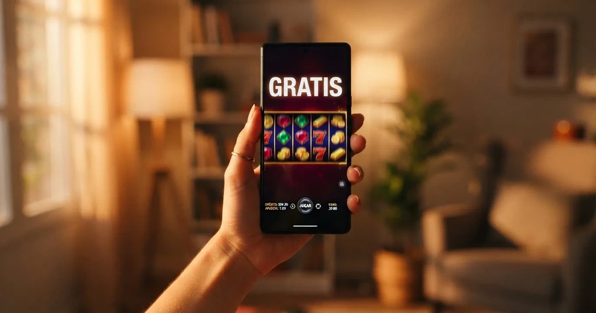 Mano sosteniendo un móvil con una tragaperras de colores en la pantalla y la palabra «Gratis» visible