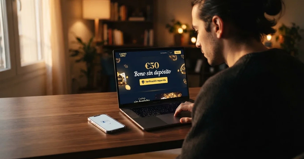 Pantalla de un casino online español mostrando una oferta de bono de 50 euros sin depósito junto al aviso de verificación de cuenta obligatoria