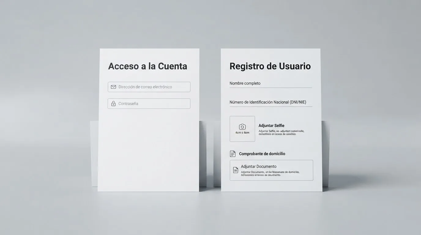 Pantalla dividida: a la izquierda, un formulario de registro de casino con solo email y contraseña; a la derecha, el mismo formulario ampliado con campos de DNI, selfie y comprobante de domicilio
