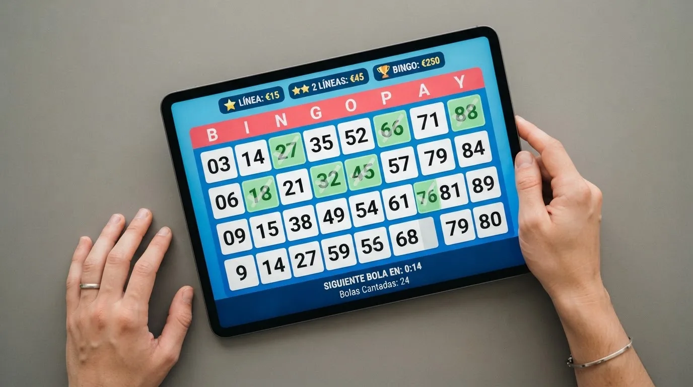 Primer plano de un cartón digital de bingo de 90 bolas con tres filas y nueve columnas, varios números marcados y los indicadores de premio de línea y bingo visibles en pantalla