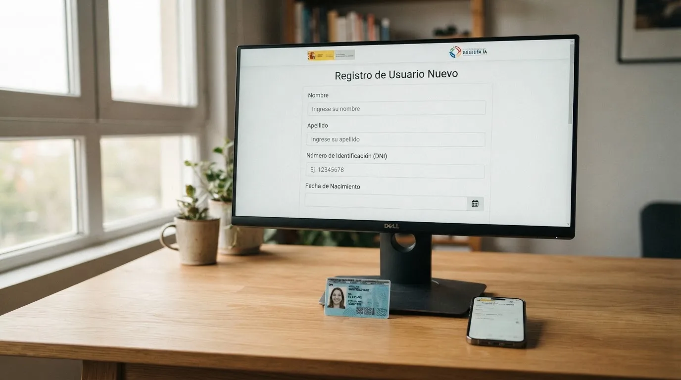Formulario de inscripción al RGIAJ visible en la pantalla de un ordenador, junto al DNI electrónico y un teléfono móvil con la app DNIe abierta