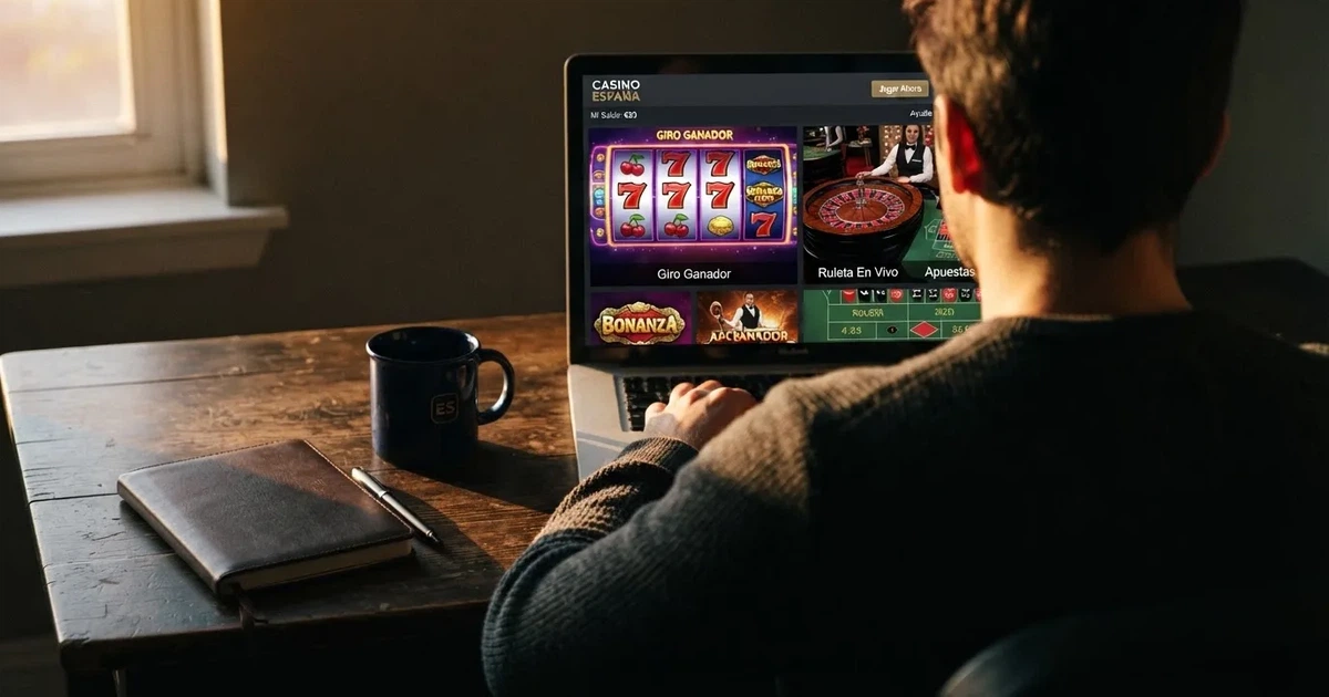 Un jugador frente a la pantalla de un casino online español legal, con el importe de 20 euros visible en el saldo de la cuenta