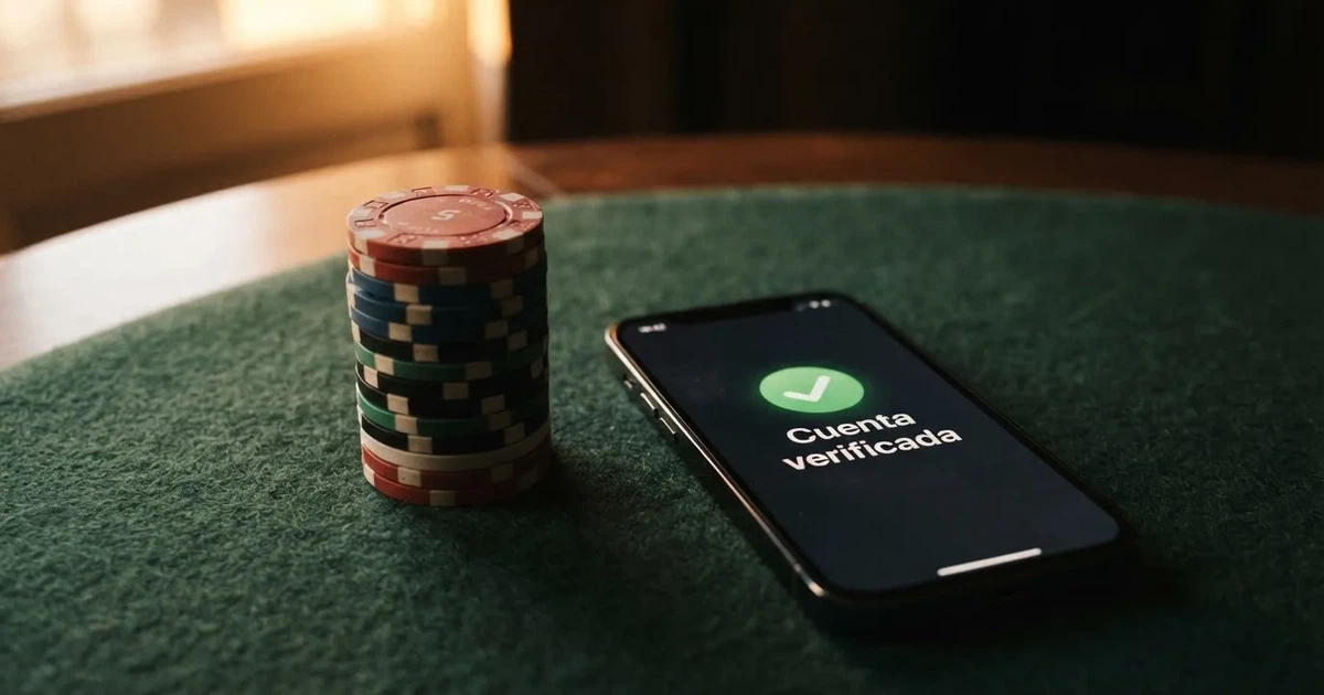 Fichas de casino sobre una mesa con un teléfono mostrando la pantalla de verificación de cuenta