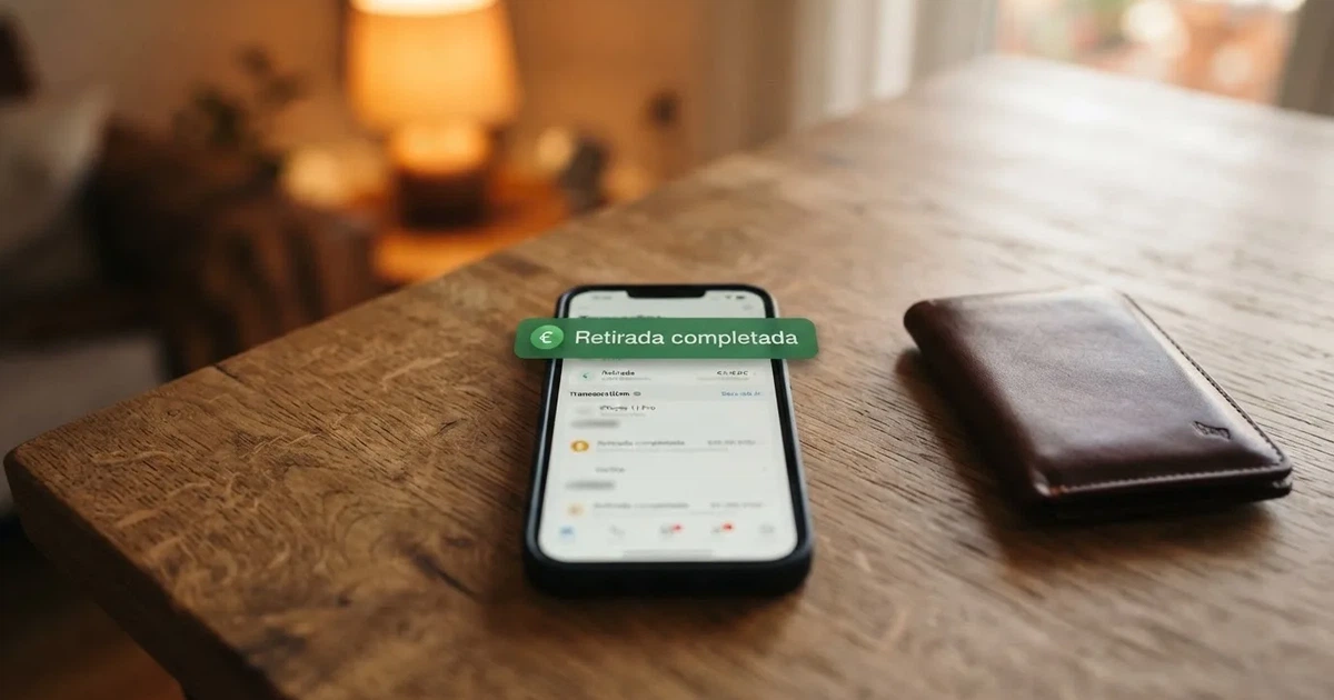 Pantalla de móvil mostrando una notificación de retirada completada en un casino online español, con el teléfono sobre una mesa junto a una cartera
