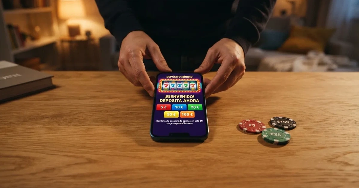 Comparativa de casinos online españoles mostrando distintos importes de depósito mínimo sobre la pantalla de un móvil