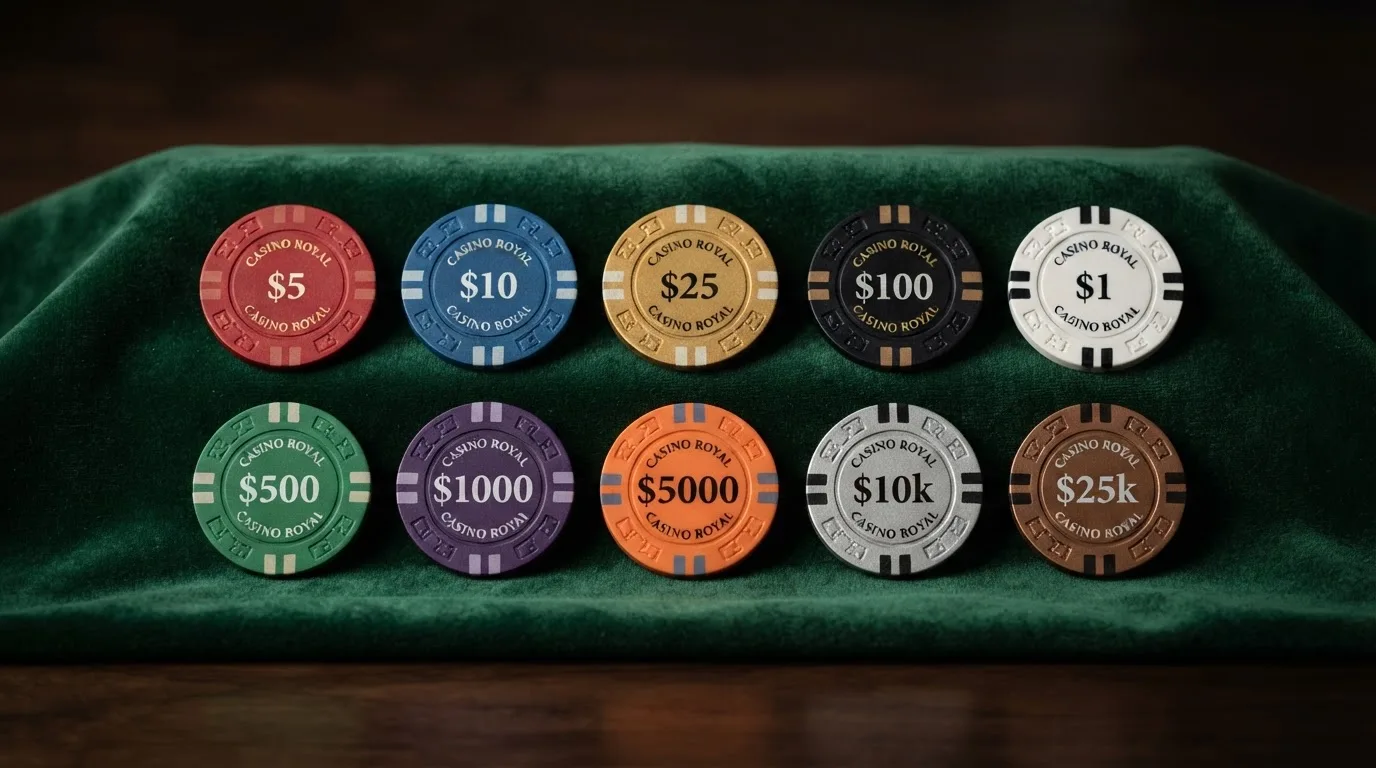 Una cuadrícula con fichas de casino de colores distintos, cada una representando un operador, ordenadas sobre un fondo de terciopelo verde