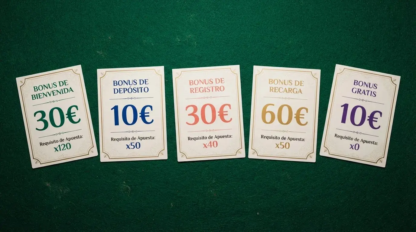 Una mesa con tarjetas comparativas de varios casinos, cada una mostrando un importe de bono y un porcentaje de rollover destacados en color distinto
