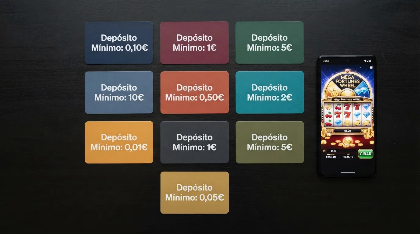 Una cuadrícula con las fichas de diez casinos online españoles, cada una mostrando su logo, el depósito mínimo y los métodos de pago disponibles