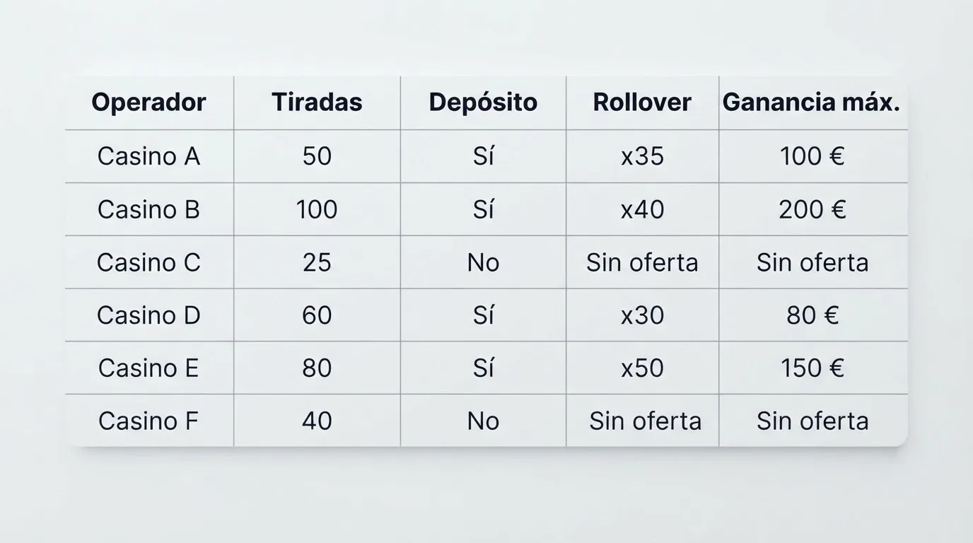 Tabla comparativa con los nombres y condiciones principales de las ofertas sin depósito de los operadores analizados
