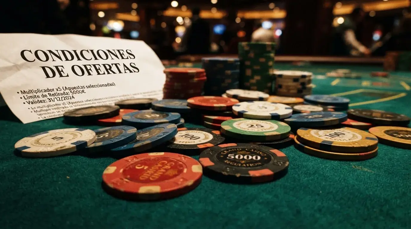 Una tabla comparativa con los logotipos de los diez casinos analizados, ordenados por sus condiciones de rollover y tope de ganancia, sobre un fondo de fichas de casino