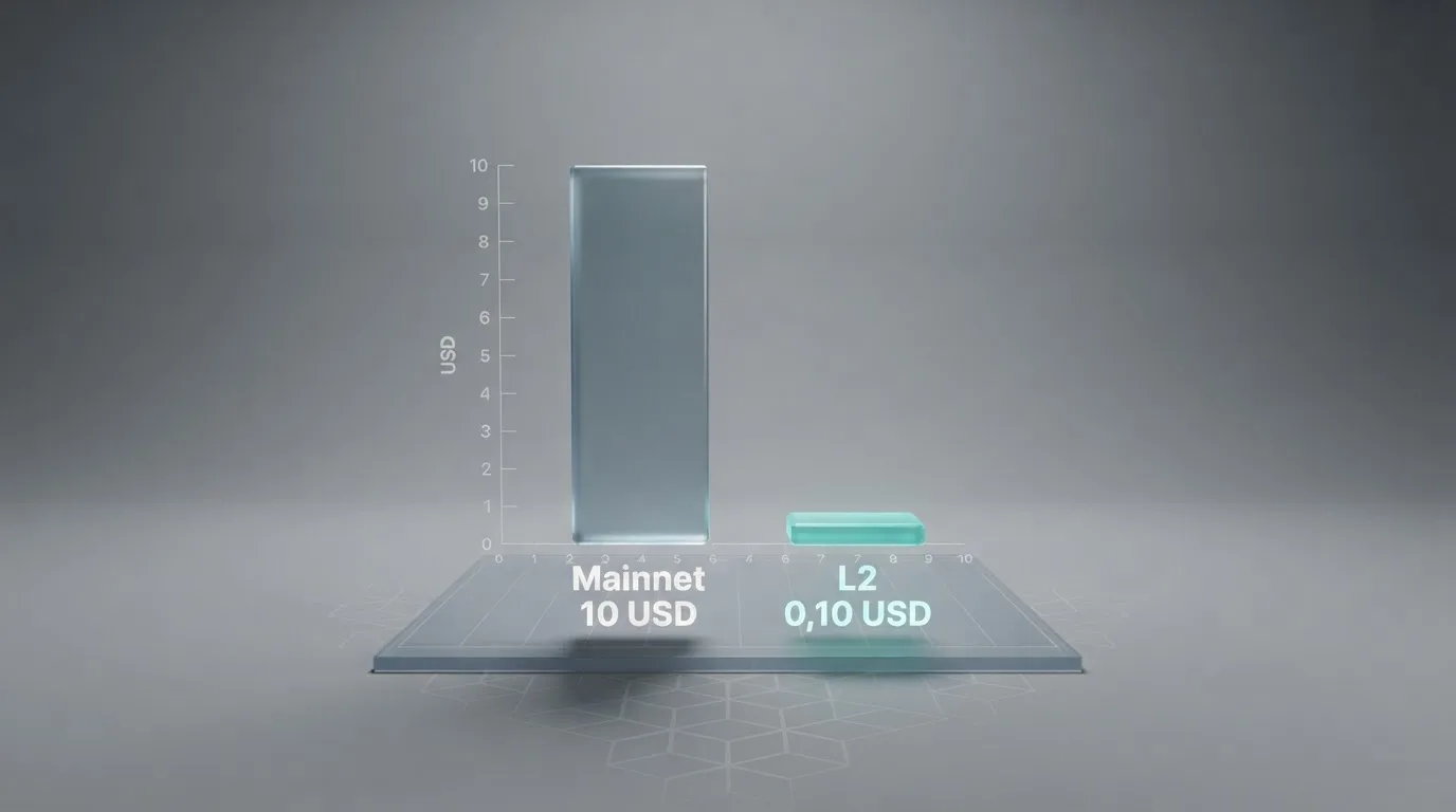 Representación visual de las tarifas de gas: una transacción pequeña en mainnet frente a una en Layer 2, con la diferencia de coste destacada
