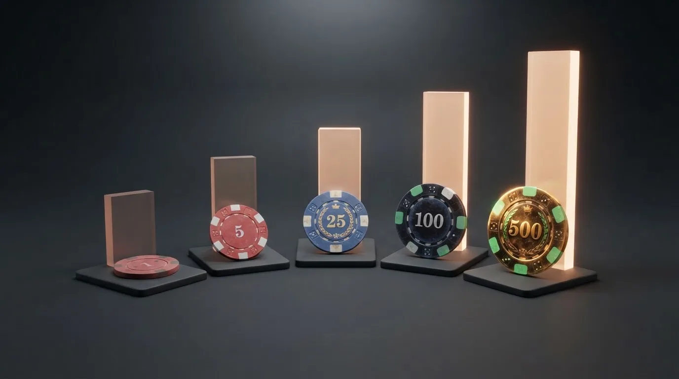 Representación visual de los cinco tramos de depósito mínimo con los operadores, métodos de pago y bonos asociados a cada uno