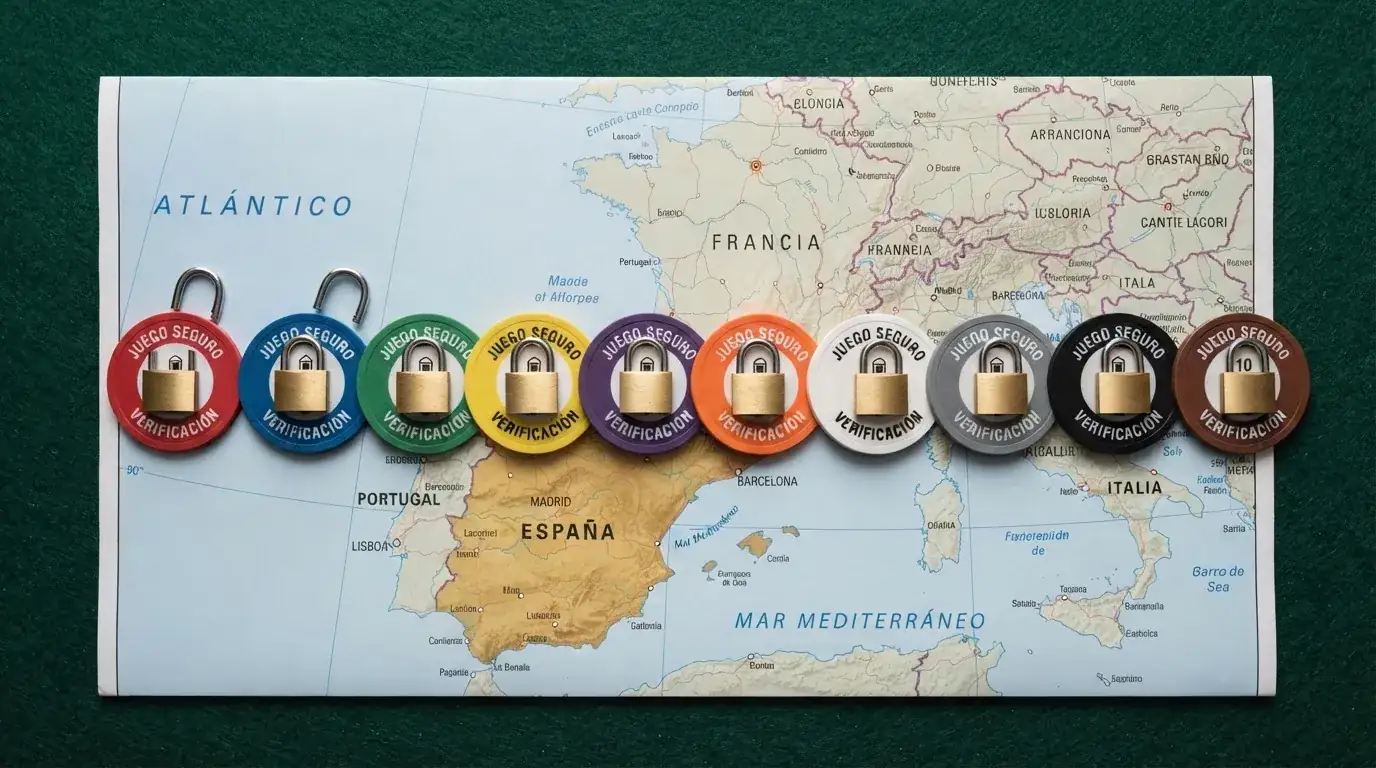 Diez fichas de casino colocadas en fila sobre un mapa de Europa con España resaltada; cada ficha muestra un candado en distinto estado (abierto, entreabierto, cerrado) para reflejar la variedad de políticas KYC