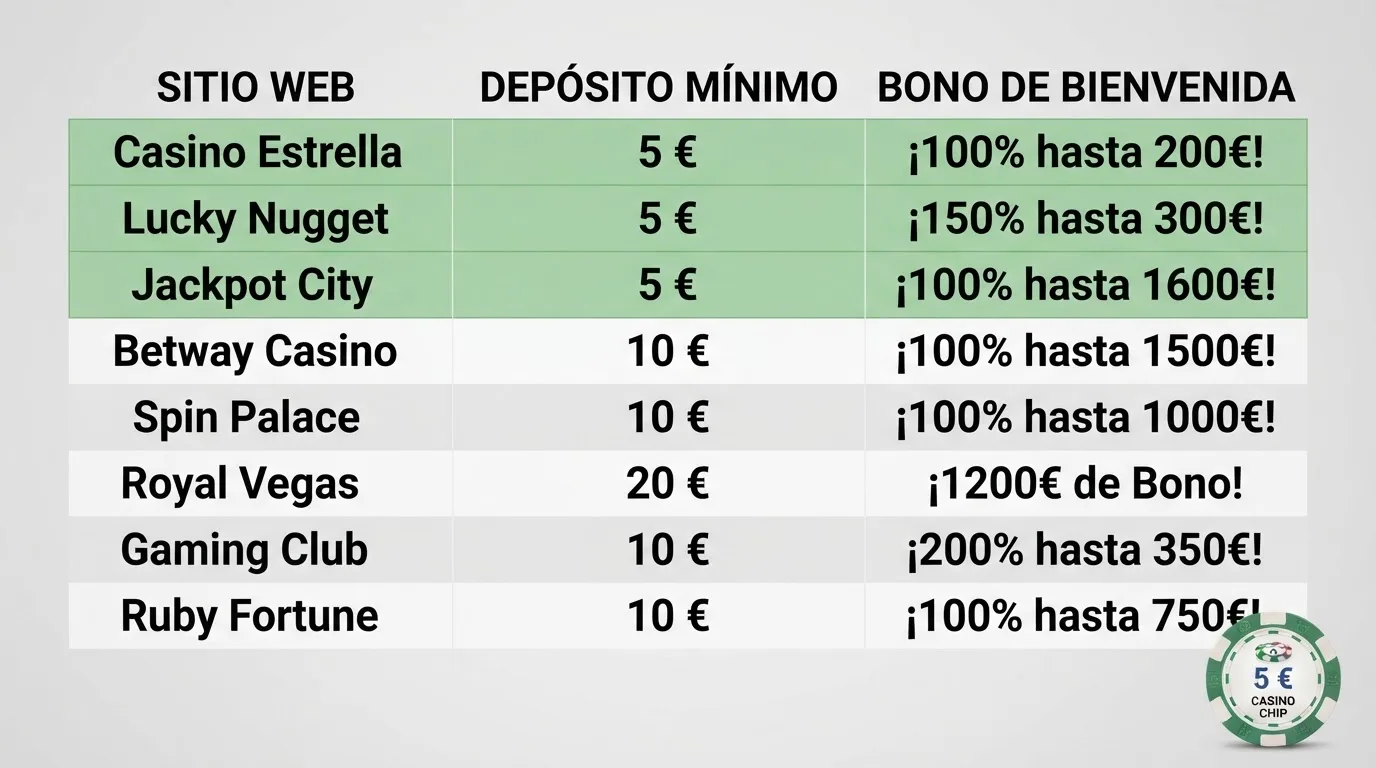 Una tabla visual simplificada con columnas de operador, depósito mínimo y bono, donde las filas de Betway, Luckia y Bet365 aparecen resaltadas en verde