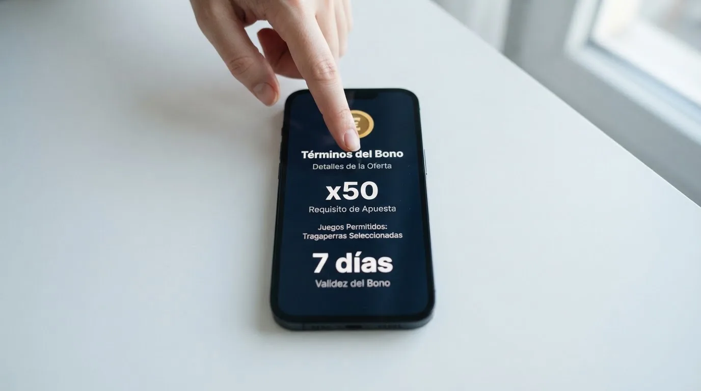 Primer plano de un móvil mostrando los términos de un bono sin depósito con el multiplicador de apuesta y la fecha de caducidad subrayados