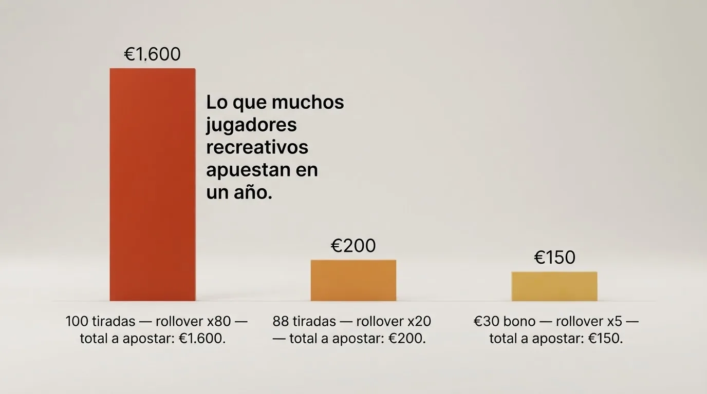 Comparativa visual del requisito de apuesta de tres ofertas reales: 88 giros con rollover x20, 30 € con rollover x5 y 100 giros con rollover x80, con el importe total a apostar en cada caso