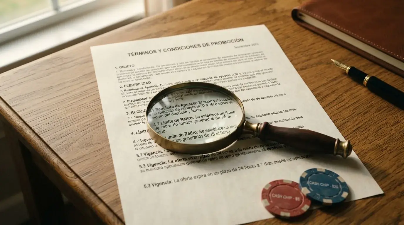 Un contrato con lupa sobre la letra pequeña, donde se resaltan los términos «rollover», «tope de ganancia» y «caducidad» junto a fichas de casino