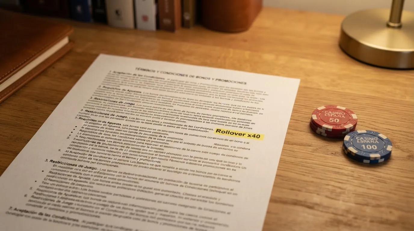 Primer plano de un documento con términos y condiciones junto a unas monedas y una ficha de casino sobre una mesa