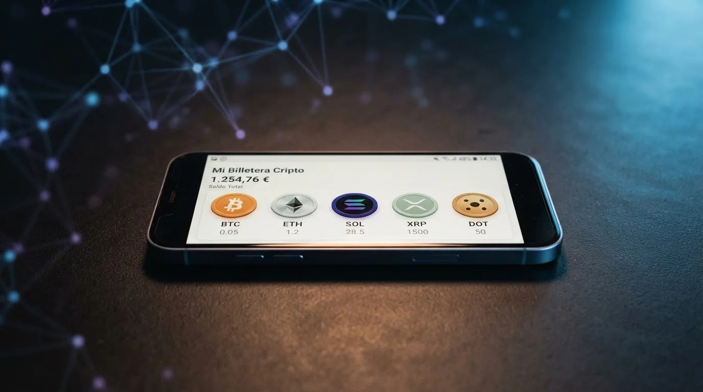 Monedero digital con los logotipos de Bitcoin, Ethereum, USDT, Litecoin y Dogecoin alineados, sobre un fondo de nodos de blockchain conectados