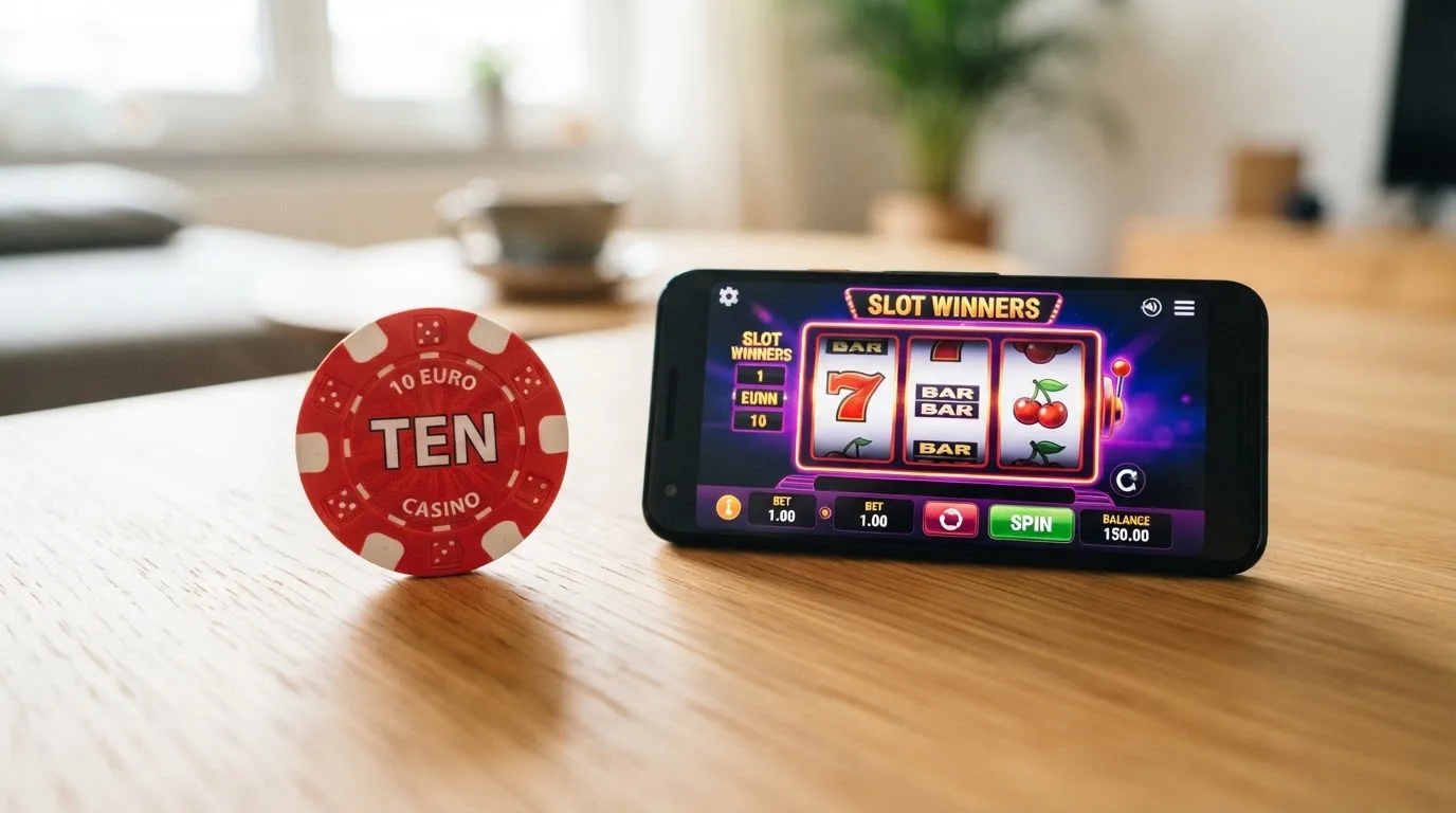 Un billete de 10 euros junto a una pantalla que muestra el saldo de cuenta de un casino online