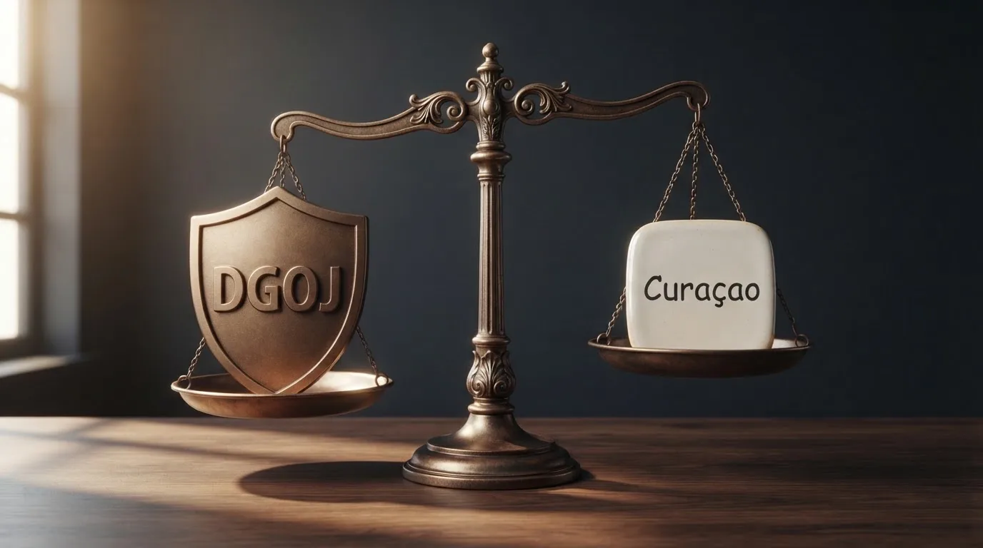 Una balanza con el logotipo de la DGOJ en un platillo y el de una licencia de Curaçao en el otro, con un escudo de protección solo sobre el lado DGOJ