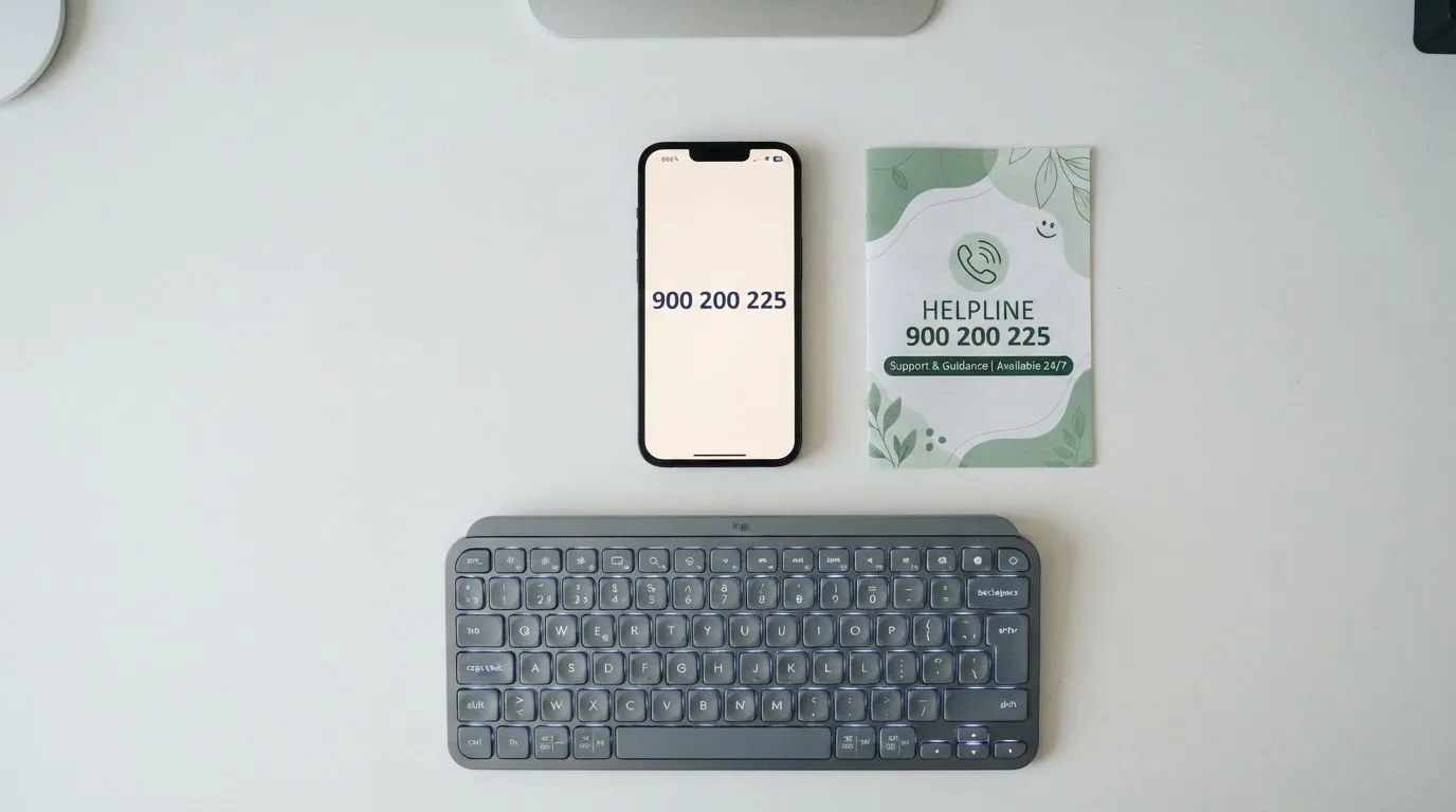 Un teléfono móvil mostrando el número 900 200 225 (FEJAR) en pantalla, con un folleto del RGIAJ y un teclado iluminado