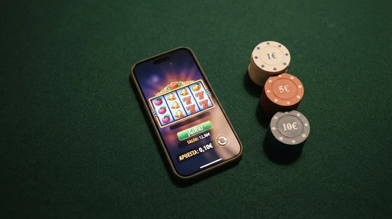 Pantalla dividida mostrando una tragaperras con apuesta de 0,10€ a la izquierda y una mesa de ruleta en vivo con apuesta de 1€ a la derecha