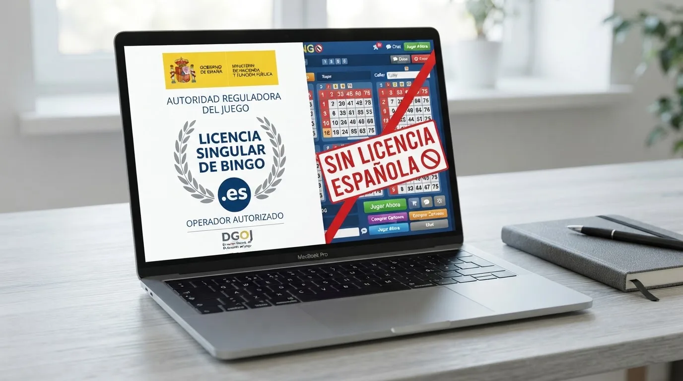 Pantalla dividida: a la izquierda el logotipo oficial de la DGOJ con el texto «Licencia singular de bingo» y el dominio .es; a la derecha una pantalla genérica de bingo con la etiqueta «Sin licencia española» tachada en rojo