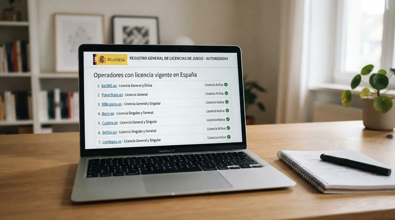 Pantalla del registro oficial de la DGOJ en ordenacionjuego.es con el listado de operadores autorizados y el dominio .es destacado