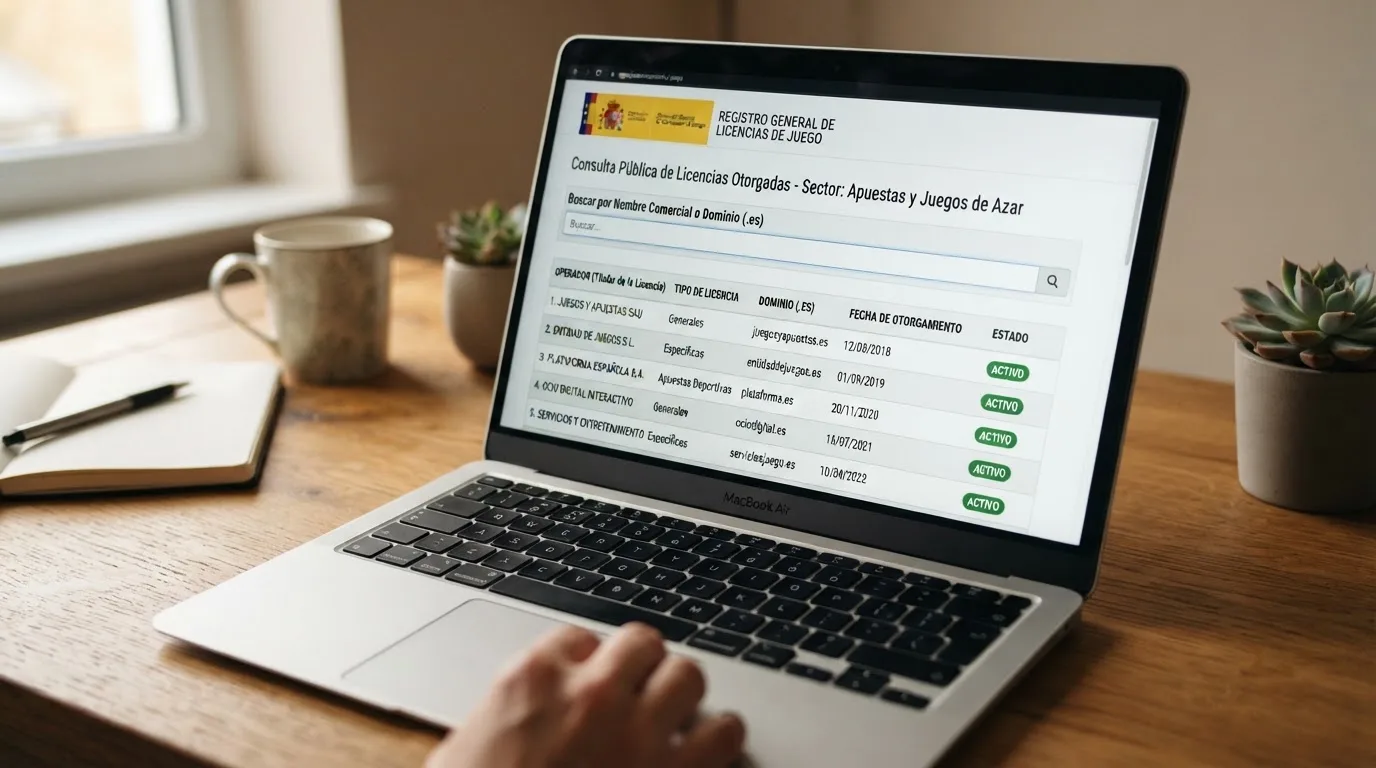 Captura del registro público de licencias de la DGOJ en ordenacionjuego.es mostrando el listado de operadores autorizados con dominio .es