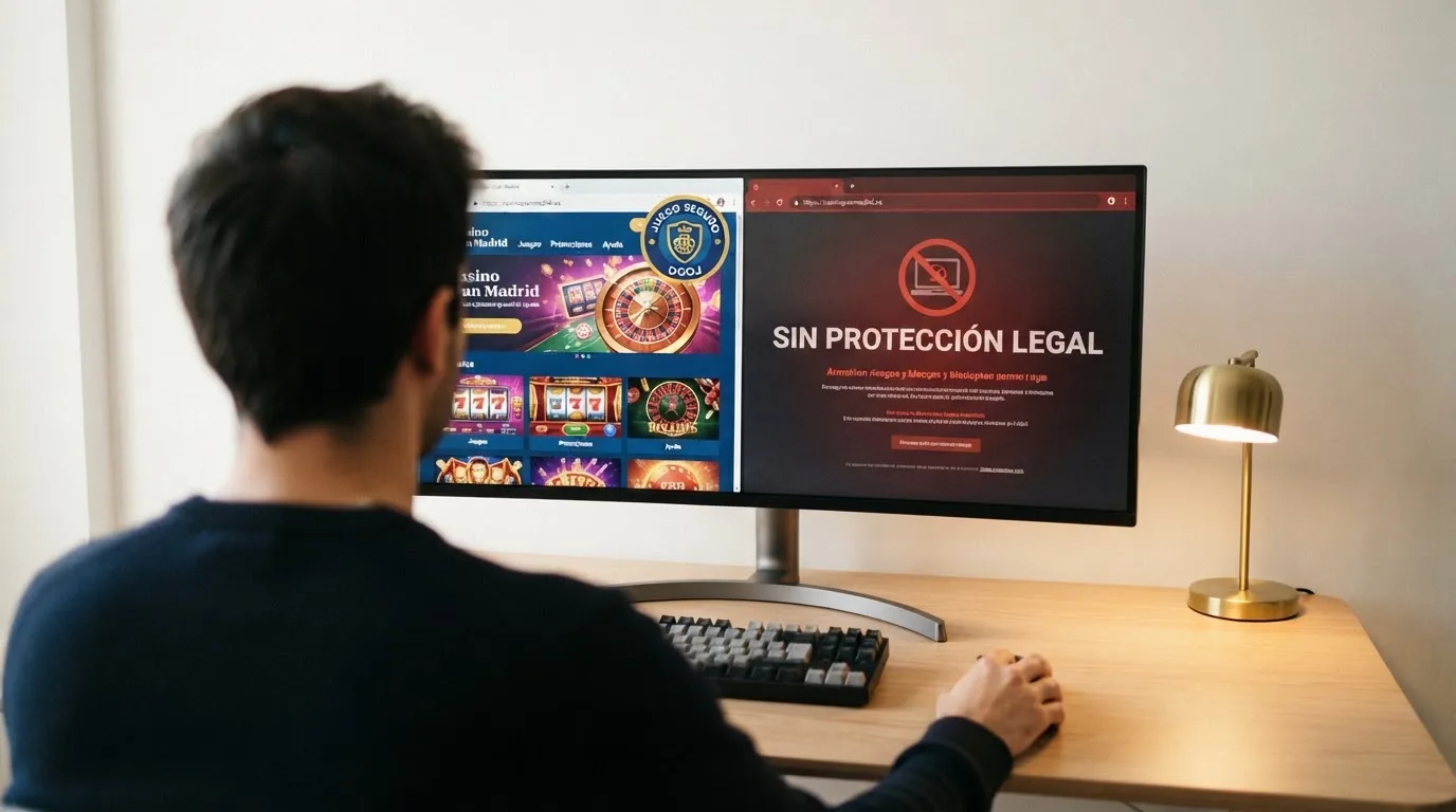 Pantalla dividida: a la izquierda un casino con dominio .es y sello DGOJ, a la derecha un aviso de sitio sin licencia con el texto «sin protección legal»