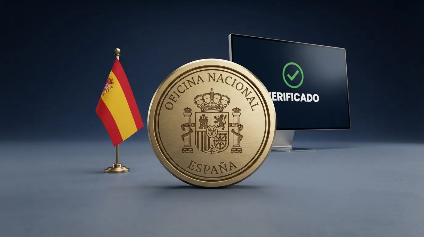 El sello de la Dirección General de Ordenación del Juego sobre la pantalla de un ordenador, junto a la bandera de España