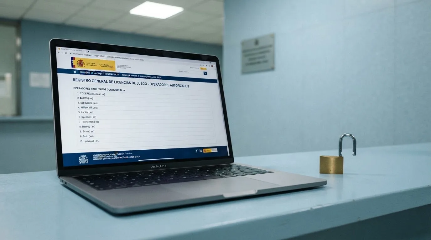 Pantalla del registro público de la DGOJ en ordenacionjuego.es con el listado de dominios autorizados .es, junto a un candado abierto sobre fondo azul institucional