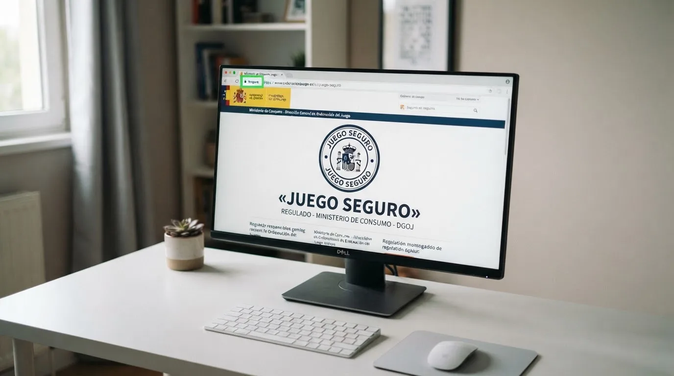 Pantalla de ordenador mostrando el sitio web de la DGOJ con el sello de juego seguro y un candado verde