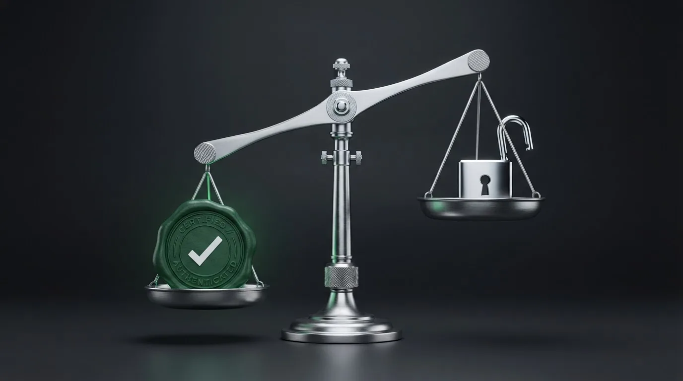 Elementos visuales que contrastan una licencia oficial con un candado abierto o una balanza desequilibrada, sin reproducción de documentos reales