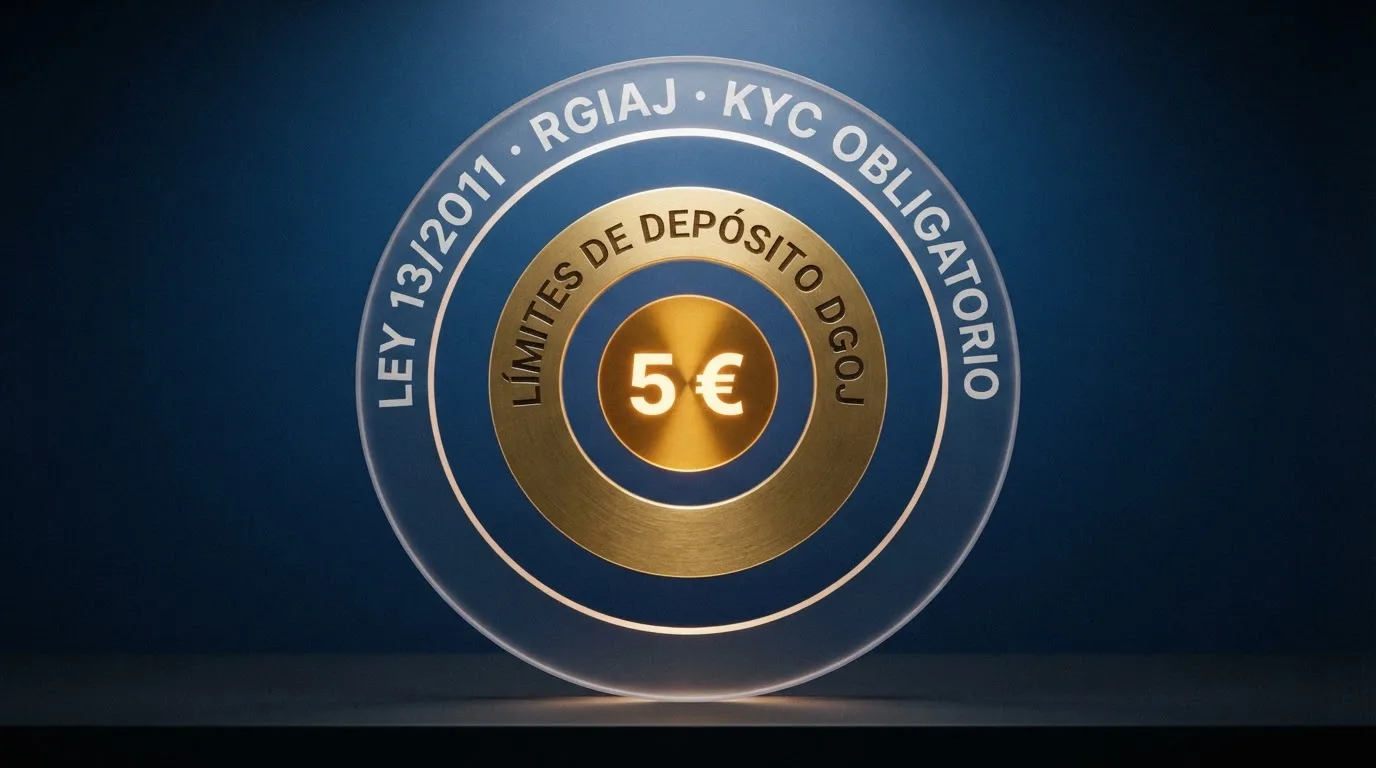 Un esquema visual con tres capas concéntricas: en el centro «5 €», luego «límites de depósito DGOJ», y en el exterior «Ley 13/2011 · RGIAJ · KYC obligatorio»
