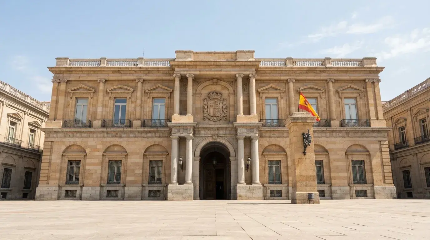 Fachada del edificio de la DGOJ en Madrid con el escudo oficial y la bandera de España, sobre un fondo limpio