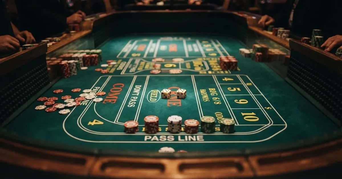 Mesa de Craps de casino online con fichas y dos dados sobre el tapete verde, vista cenital
