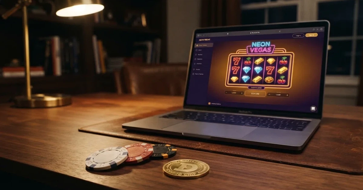Comparativa de casinos online con bitcoin mostrando una pantalla de juego, fichas de póker y el símbolo de bitcoin