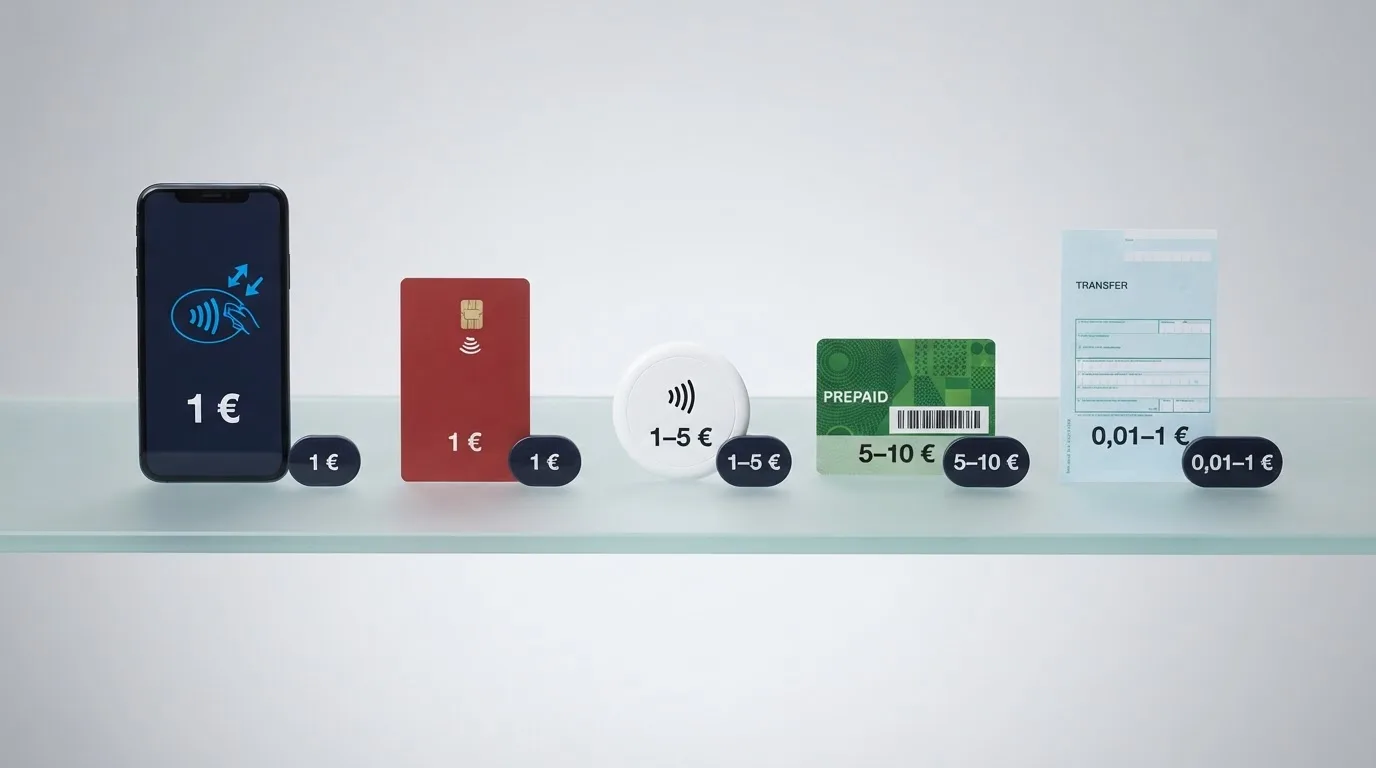 Una comparativa visual de métodos de pago — Bizum, tarjeta bancaria, PayPal, Paysafecard y transferencia — con el importe mínimo de cada uno junto a su icono