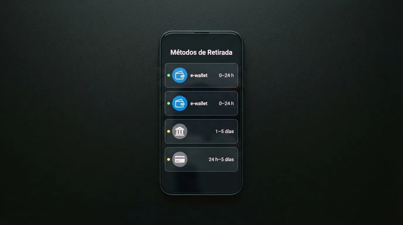 Pantalla de un teléfono móvil con los métodos de retiro de un casino online: PayPal, Skrill, transferencia bancaria y tarjeta, con los tiempos estimados junto a cada uno