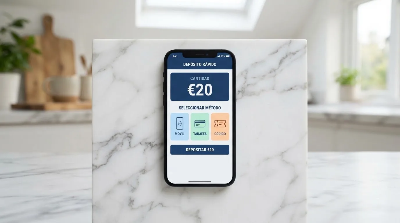 Los logos de Bizum, PayPal y Paysafecard sobre un smartphone que muestra la pantalla de depósito de un casino online español