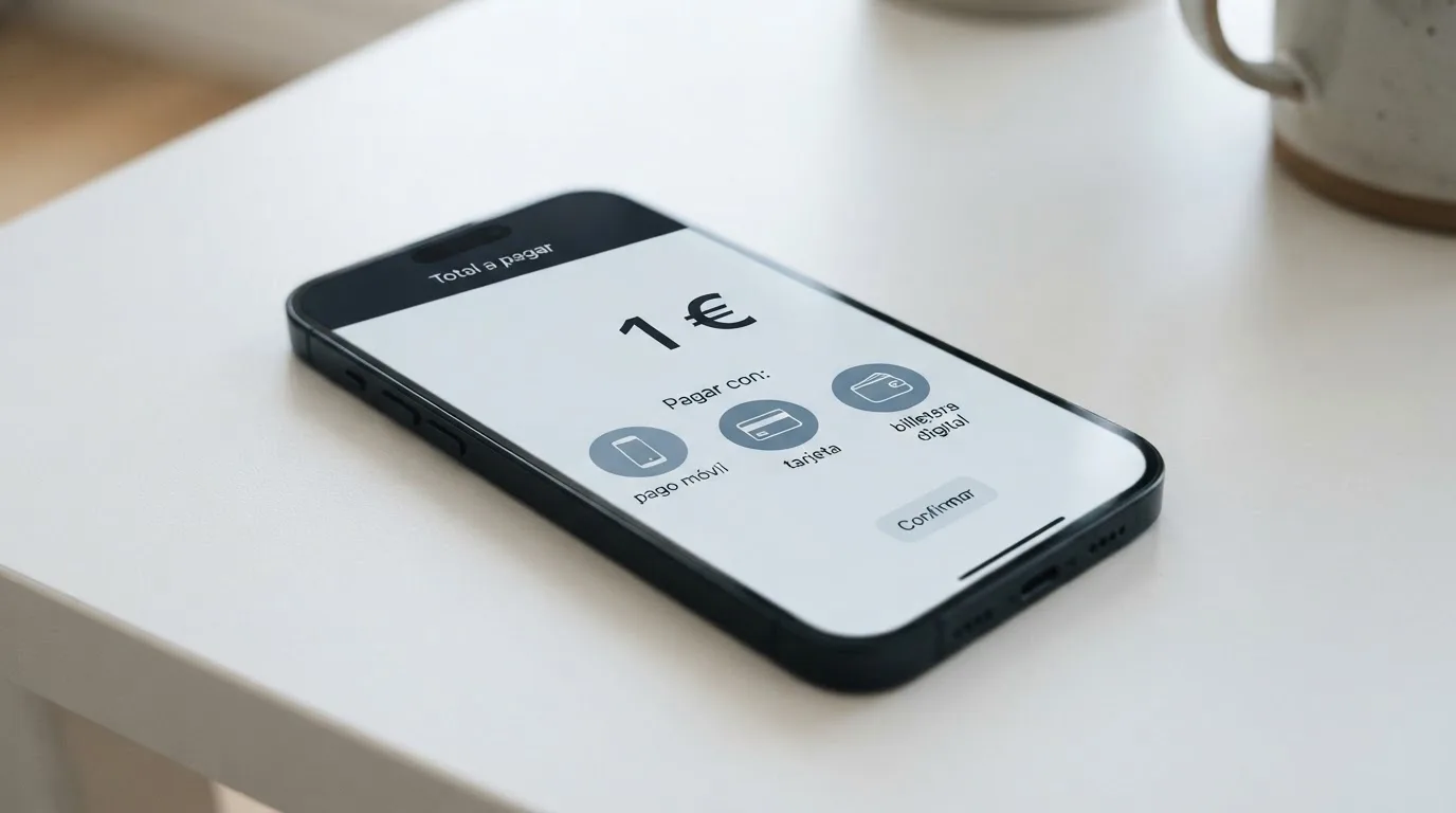 Pantalla de un teléfono móvil mostrando el cajero de un casino online con el campo de importe en 1 euro y los iconos de Bizum, Visa y una tarjeta bancaria como opciones de pago