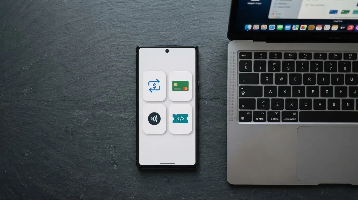 Primer plano de un móvil mostrando iconos de métodos de pago (Bizum, Visa, PayPal, Paysafecard) sobre la mesa junto a un teclado de ordenador