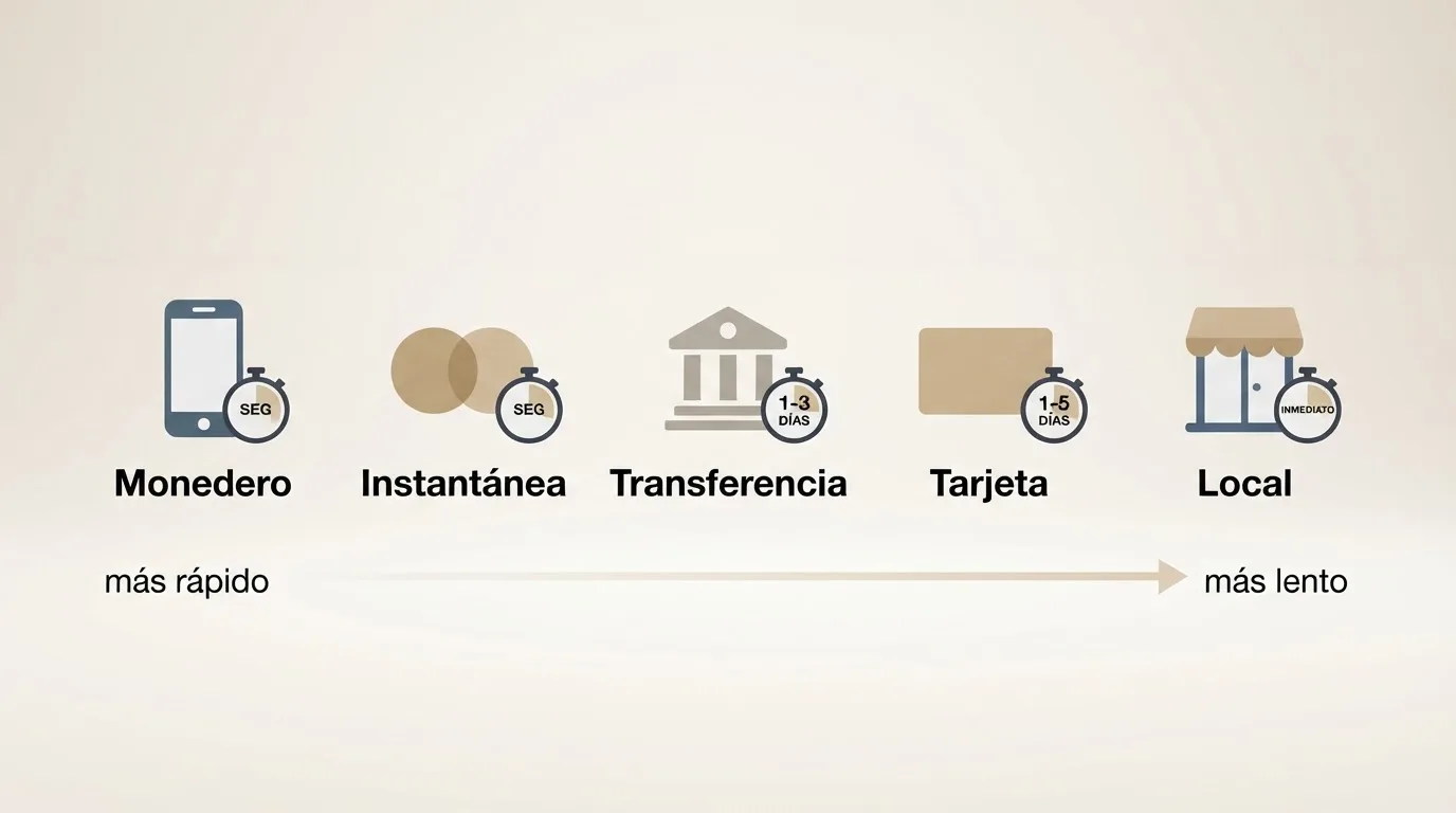 Infografía con los métodos de pago (PayPal, Skrill, transferencia, tarjeta) ordenados por velocidad, con un cronómetro junto a cada uno