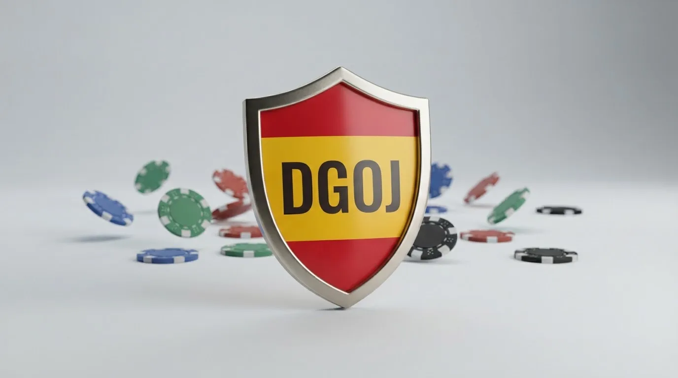 Un escudo con la bandera de España y las siglas DGOJ en el centro, fuera de cuyo perímetro quedan varias fichas de casino dispersas