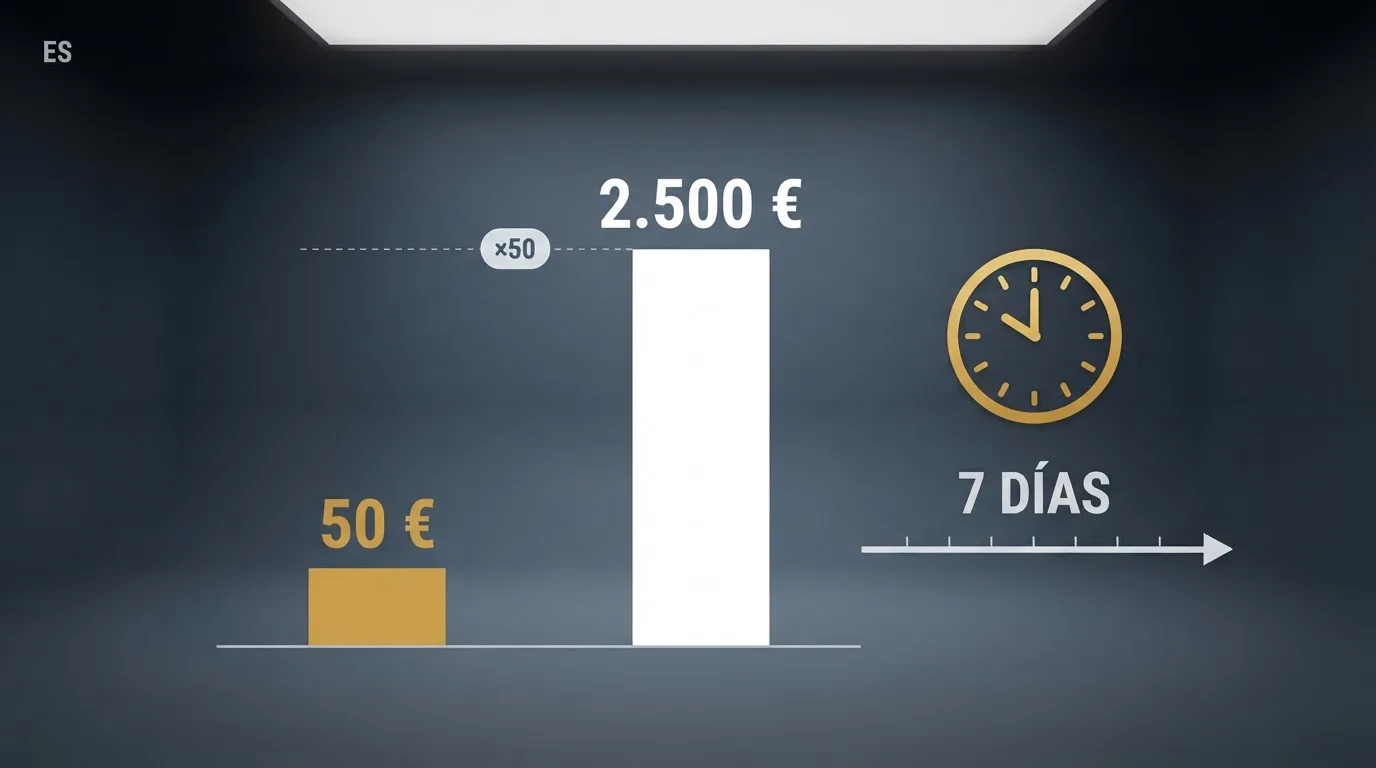 Infografía comparativa: una columna de 50 euros frente a una columna de 2.500 euros en volumen de apuesta requerido, con un cronómetro y un calendario