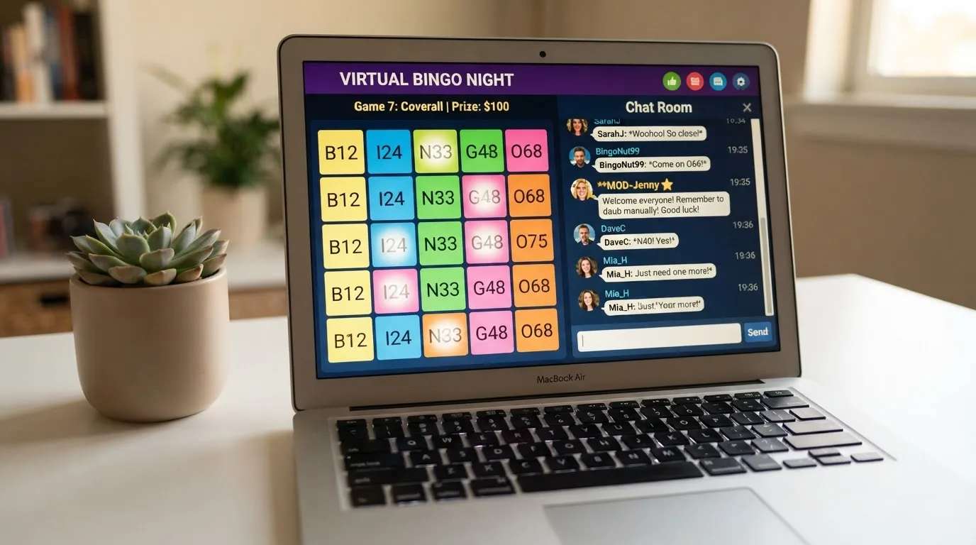 Una sala de bingo online con la cuadrícula de cartones virtuales en el centro y una columna de chat con mensajes de jugadores y el distintivo de moderador junto al nombre del CM