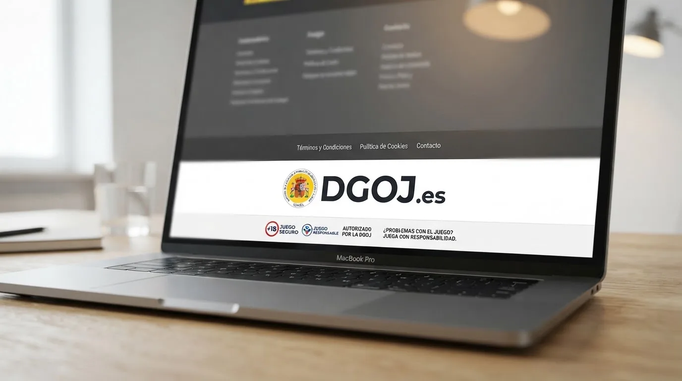 Primer plano del sello de licencia de la Dirección General de Ordenación del Juego junto al dominio .es en el pie de página de un casino autorizado