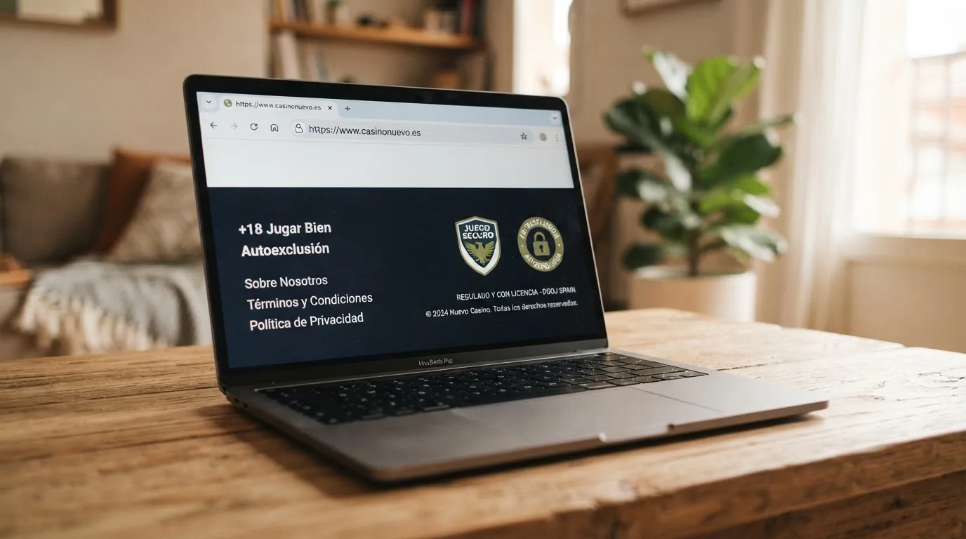 Pantalla de un casino online español mostrando el dominio .es y los sellos regulatorios de la DGOJ en el pie de página